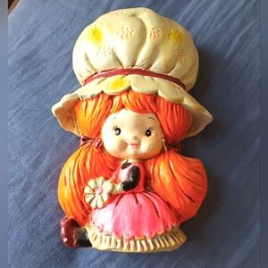 Vintage 1971 Bonnet Girl Piggy Bank Berries Signed Made in Japan Super Cute